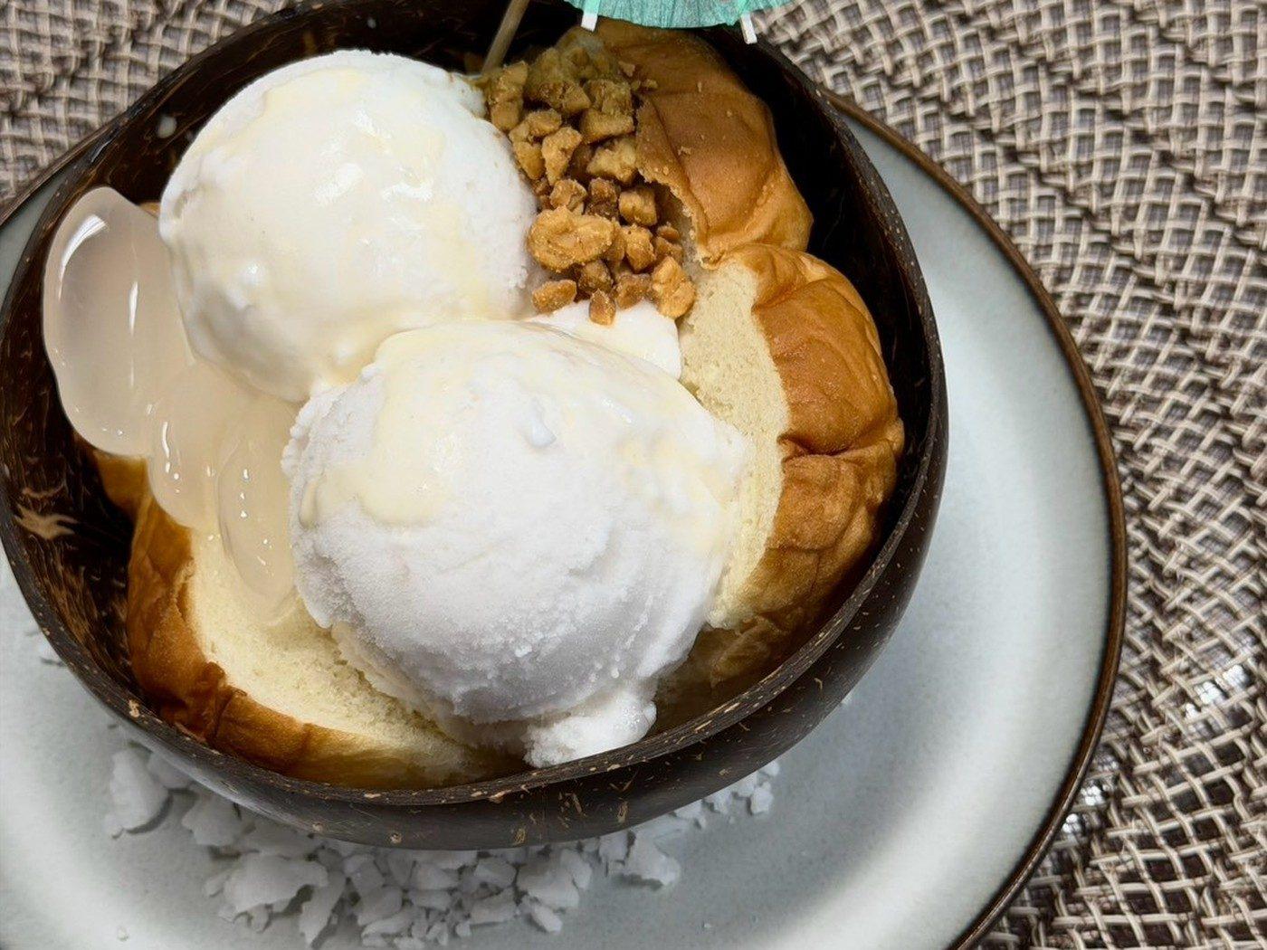 Coconut Ice Cream & Bread (ไอศกรีมกะทิ ขนมปัง) — Dessert at Narwhal Thai Table, Huntington Beach