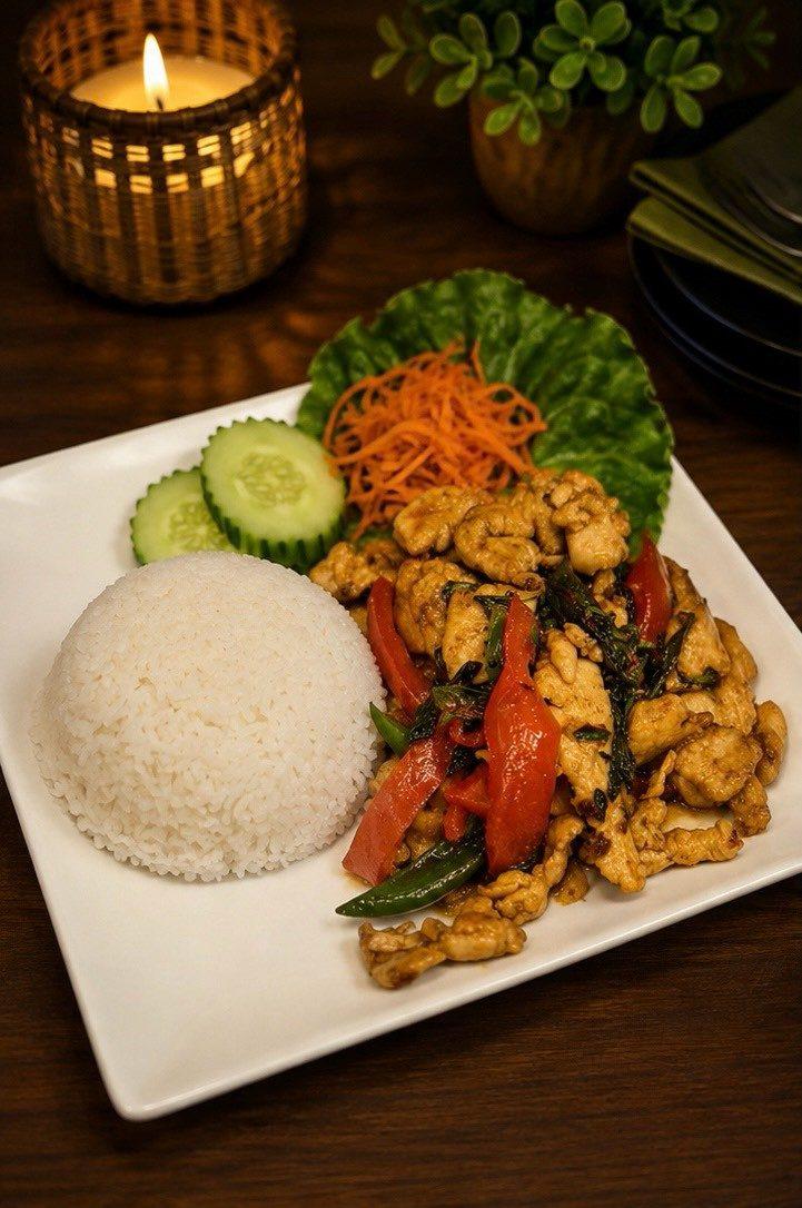 Krapow · Spicy Basil (ผัดกะเพรา) — Over Rice at Narwhal Thai Table, Huntington Beach