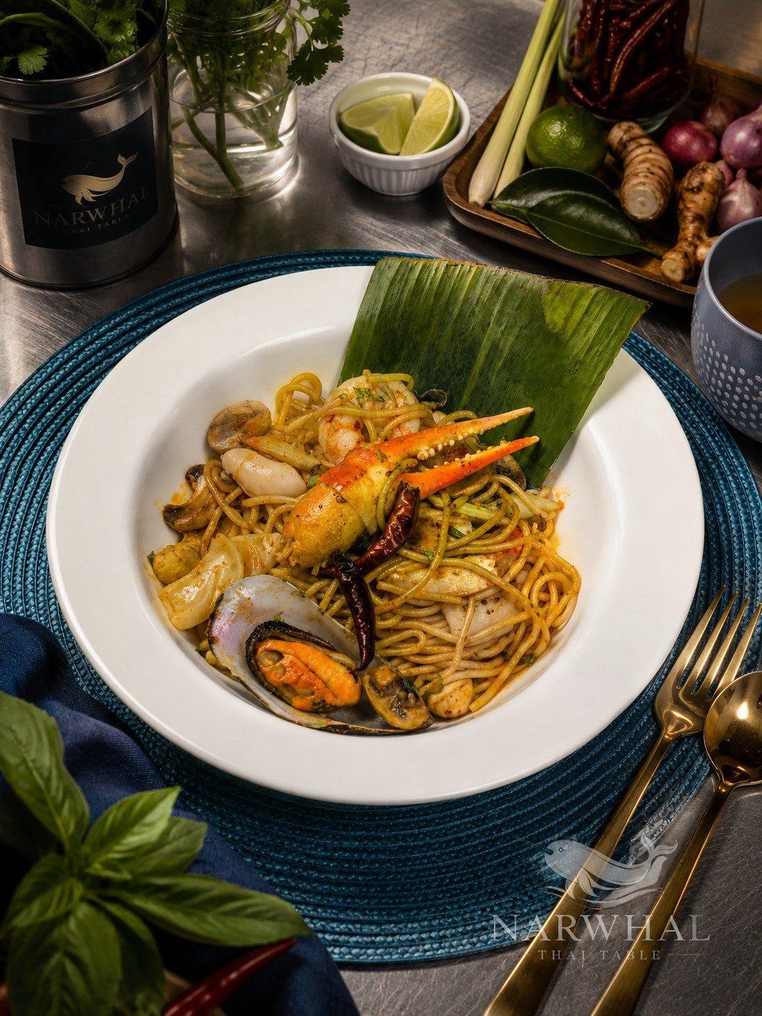Spaghetti Tom Yum (สปาเก็ตตี้ต้มยำ) — Noodles at Narwhal Thai Table, Huntington Beach