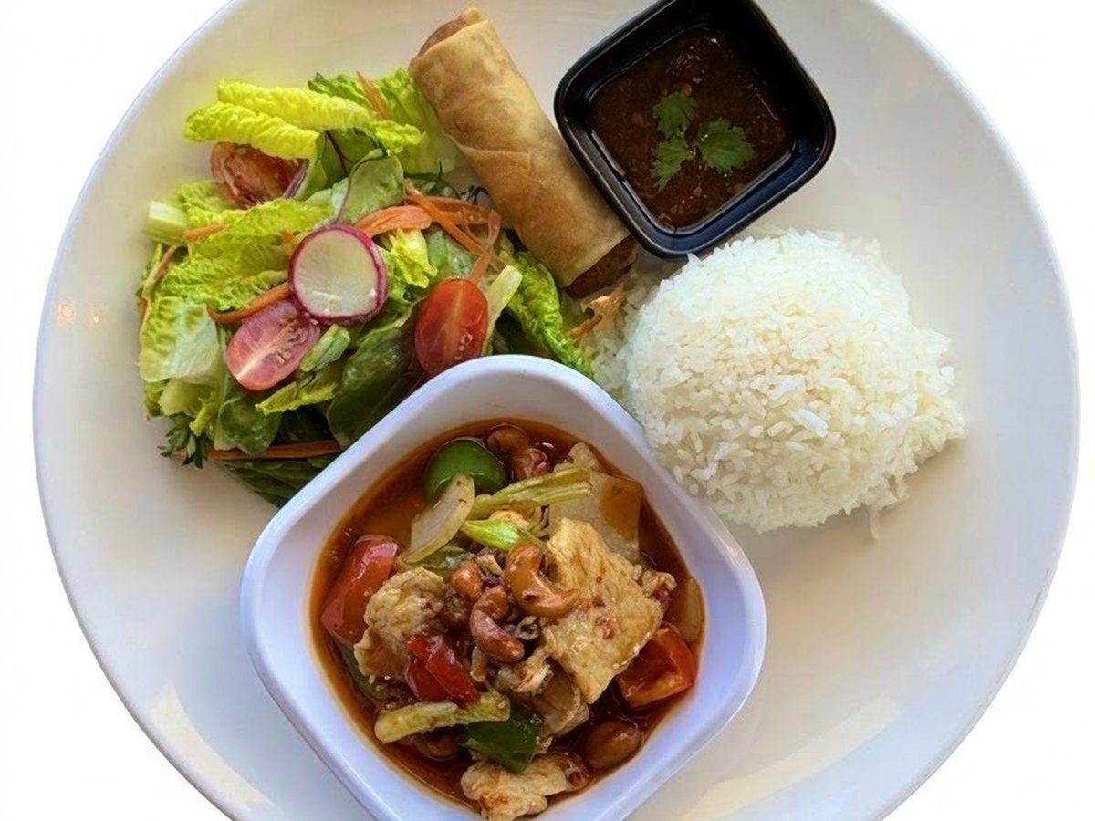 Cashew Nut — weekday lunch special with salad and a spring roll at Narwhal Thai Table, Huntington Beach