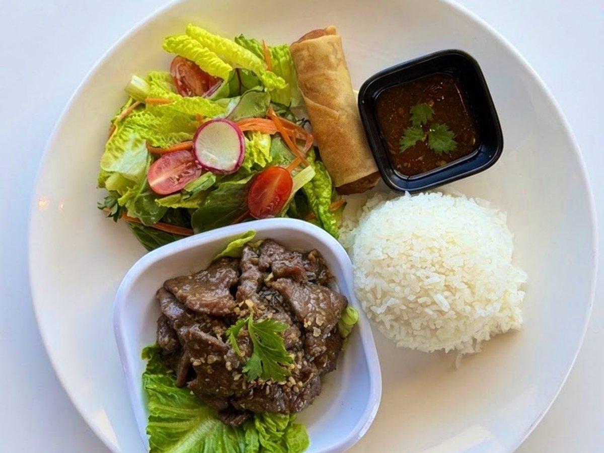 Garlic & Pepper — weekday lunch special with salad and a spring roll at Narwhal Thai Table, Huntington Beach