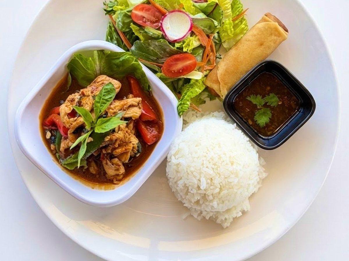Krapow — weekday lunch special with salad and a spring roll at Narwhal Thai Table, Huntington Beach
