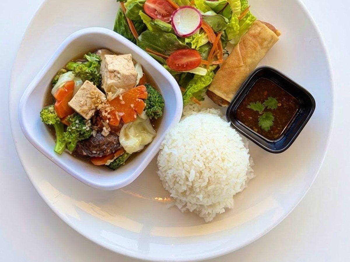 Mixed Vegetables — weekday lunch special with salad and a spring roll at Narwhal Thai Table, Huntington Beach