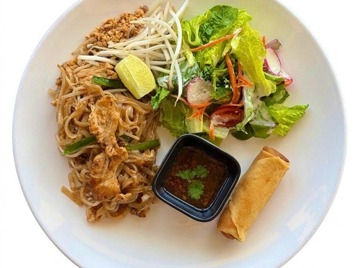 Pad Thai — weekday lunch special with salad and a spring roll at Narwhal Thai Table, Huntington Beach