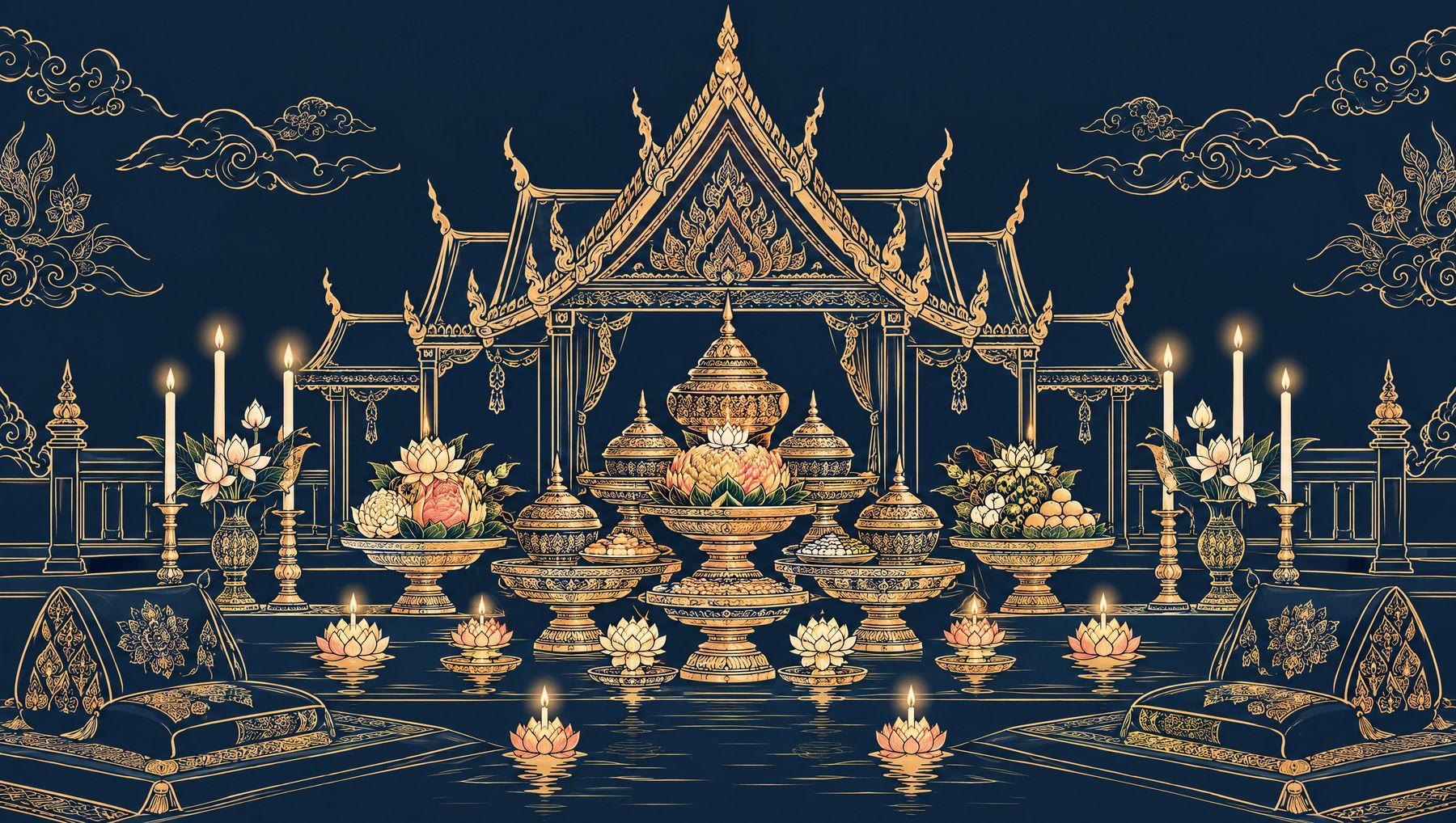 Gold line-art of a Thai royal-court banquet — tiered pedestal trays, lotus blossoms and candles under a palace gable
