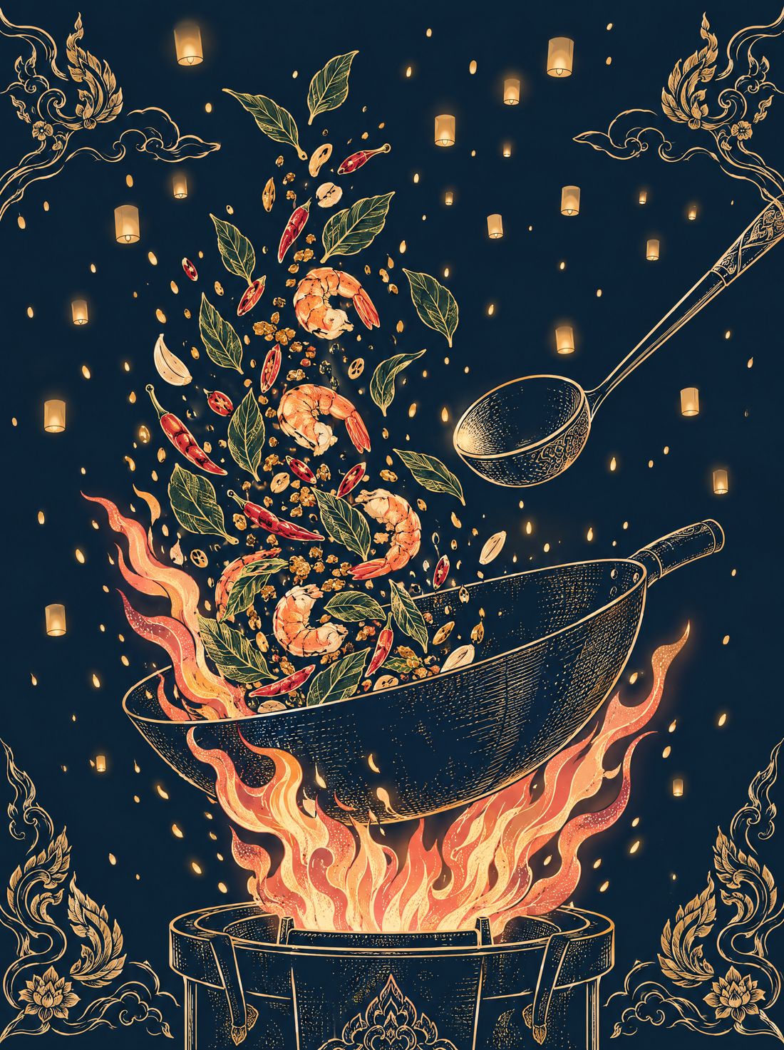 Gold line-art of a Thai wok mid-toss over an open flame — shrimp, holy basil and chilies caught in the air
